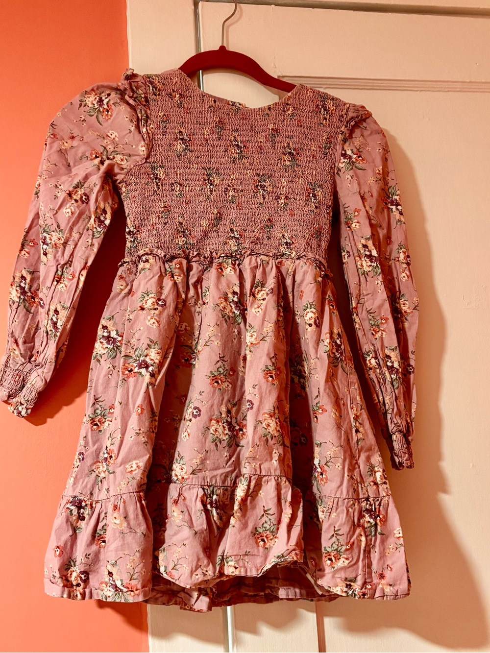 Janie and Jack Dusty Pink Floral Smocked Long-Sleeve Dress